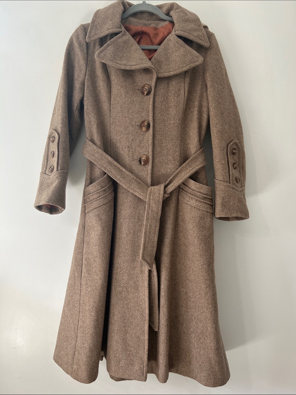 Vintage Wool Trench Coat Long Fit & Flare Belted Button Detail & Detachable Hood